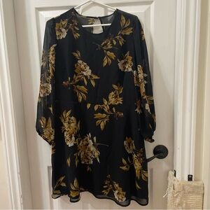 Dynamite Black Dress with Yellow Floral Print - Long Sleeve Shift